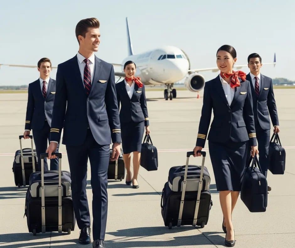 Cabin crew walking out to their aircraft